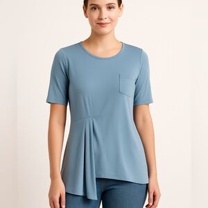 BetaBrand Christine Tee Blue Haze Asymmetric Pleated Top Soft 4 Way Stretch Sz S